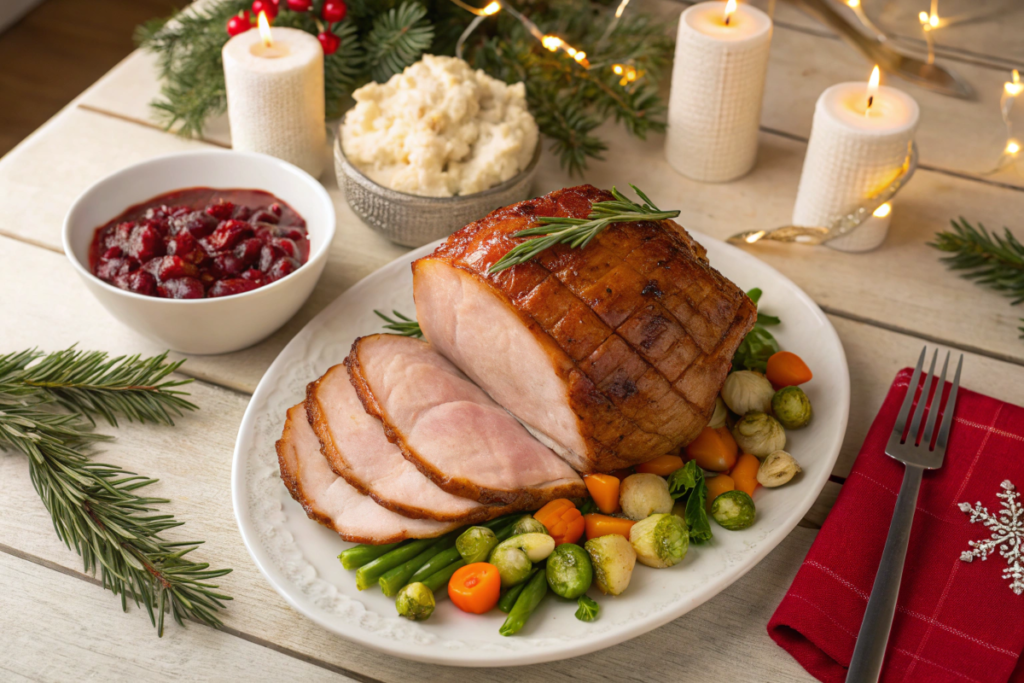 Christmas dinner table with glazed ham, roasted vegetables, and festive holiday decorations.