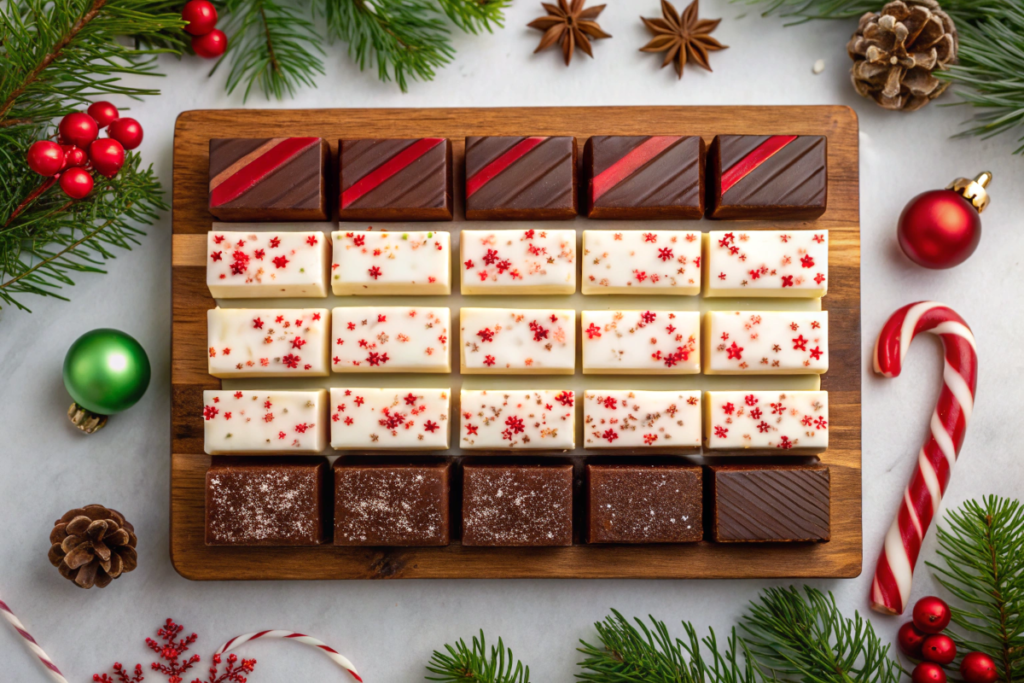 Assorted Christmas fudge with festive decorations like candy canes, cranberries, and pine branches on a holiday-themed tray