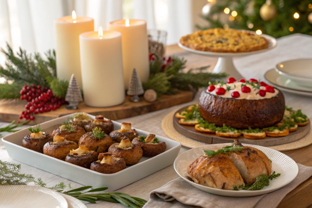 A beautifully arranged Christmas table with a variety of festive dishes and elegant decor.