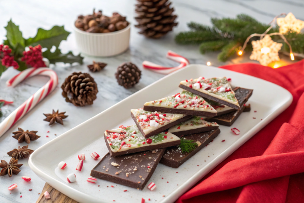 Festive peppermint bark on a white platter surrounded by holiday décor.