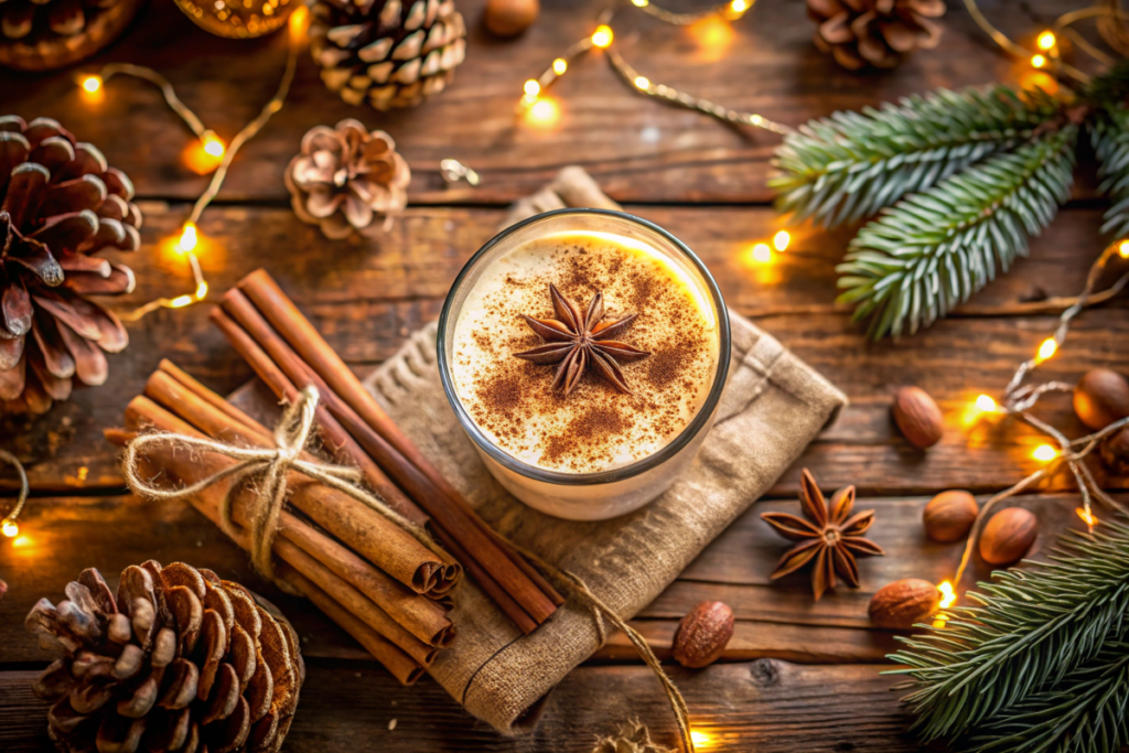 A mug of classic eggnog garnished with nutmeg and surrounded by holiday decorations