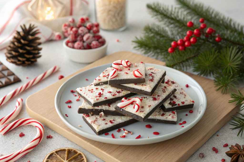 A close-up of layered peppermint bark with festive decorations in the background.