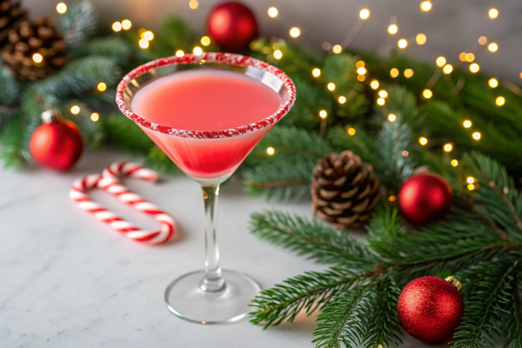 Peppermint Martini garnished with a candy cane and surrounded by holiday decorations.