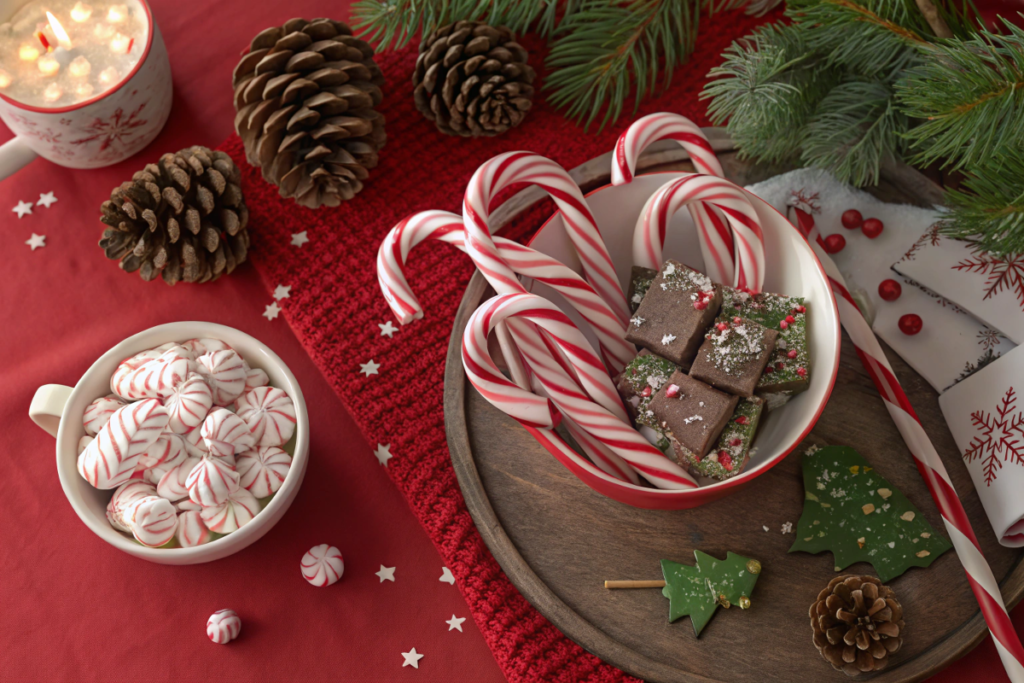 A festive display of candy canes, peppermint bark, and hot chocolate on a holiday-themed table.