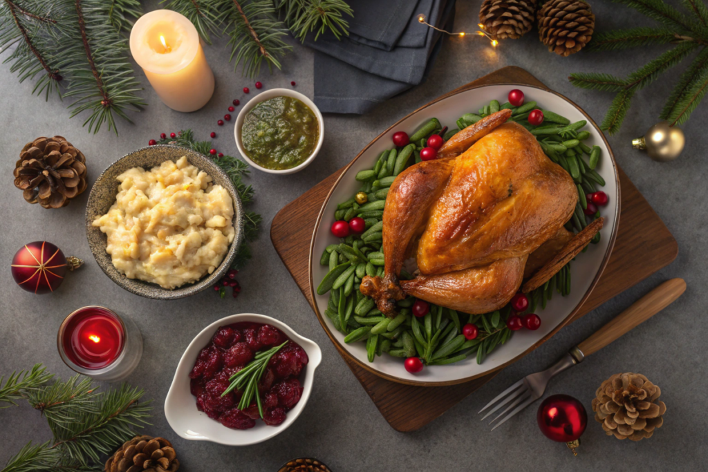 A classic Christmas dinner table featuring roast turkey, mashed potatoes, and festive holiday decorations.