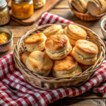 A basket of golden-brown air fryer Pillsbury biscuits with butter and jam on the side