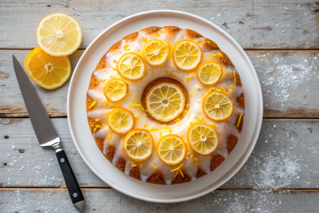 A perfectly baked lemon drizzle cake with a glossy glaze, garnished with lemon slices and zest, served on a white plate.