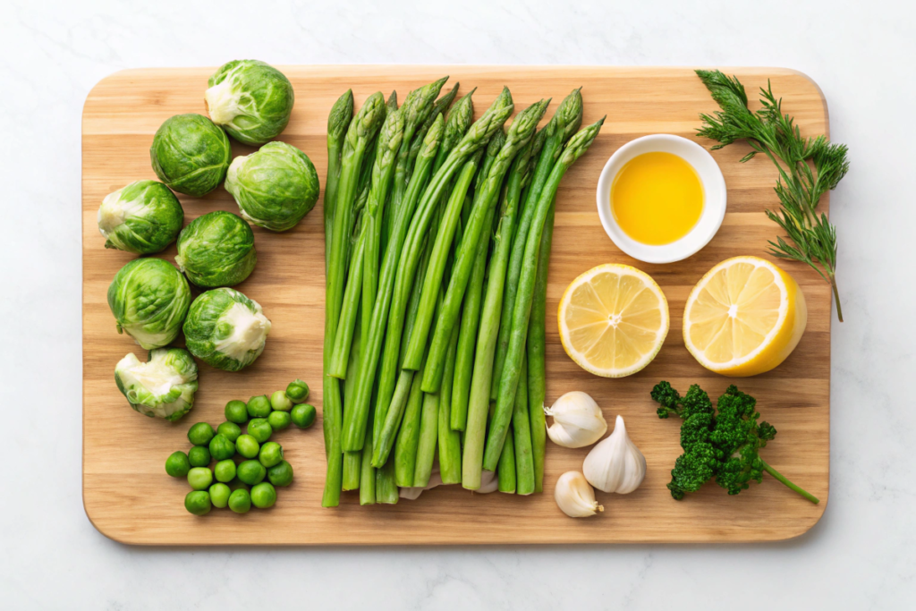 Fresh vegetables including green beans, Brussels sprouts, and asparagus on a wooden cutting board