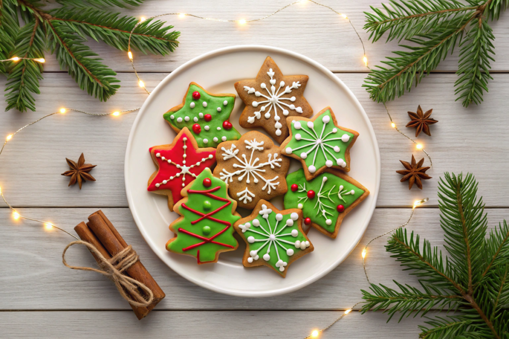 A festive plate of gluten-free Christmas biscuits in holiday shapes, surrounded by seasonal decorations.