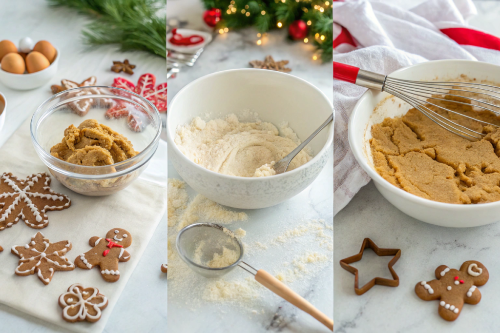 Step-by-step visuals for making gluten-free gingerbread cookies, from mixing dough to decorating cookies