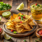 A stack of golden air fryer tortilla chips with guacamole and lime wedges on a wooden board