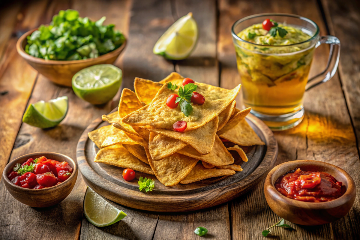 A stack of golden air fryer tortilla chips with guacamole and lime wedges on a wooden board