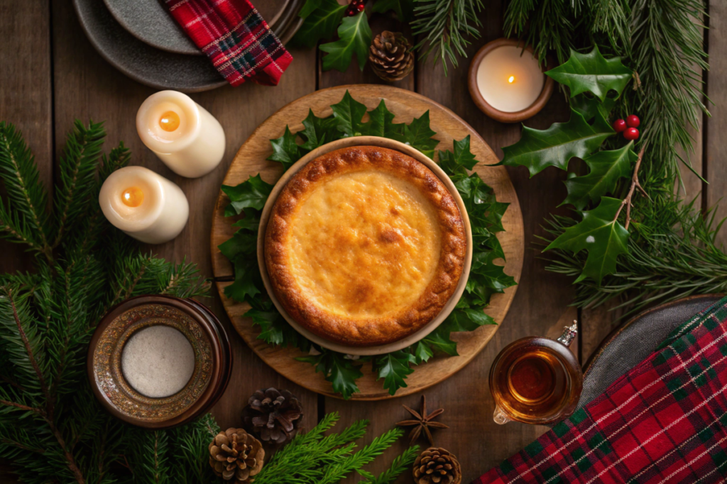 A festive Highland Christmas table featuring Mary Berry recipes like venison stew, shortbread, and spiced whisky tart.