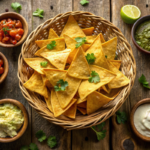 A basket of golden, crispy oven-baked tortilla chips served with dips