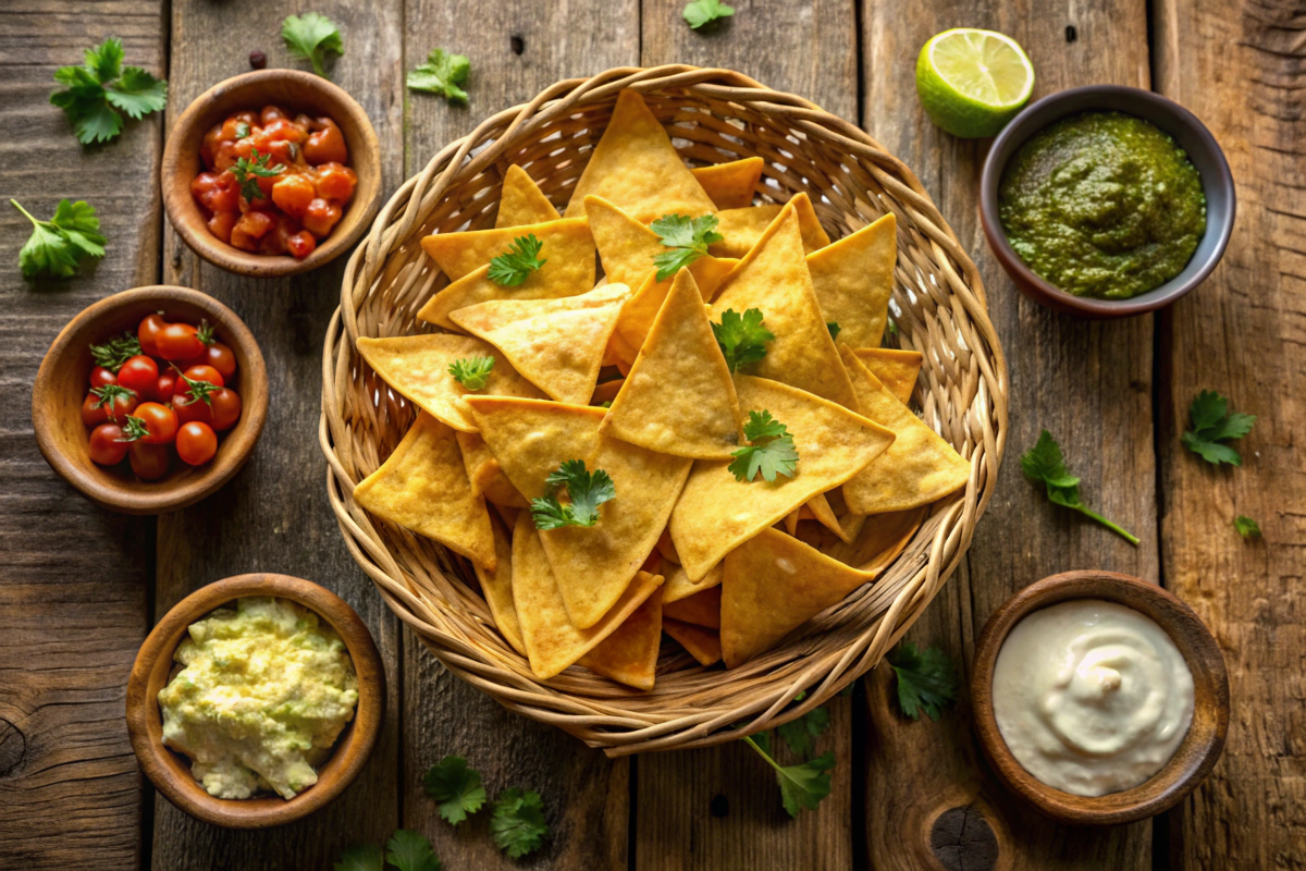 A basket of golden, crispy oven-baked tortilla chips served with dips