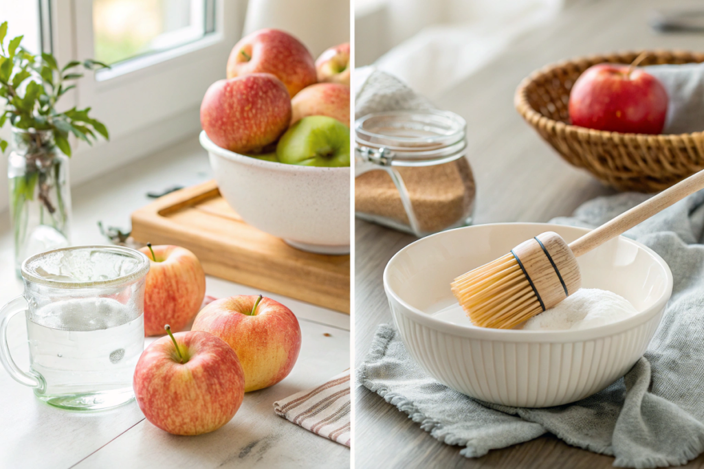 A collage showing DIY cleaning methods for fruits: scrubbing, soaking in baking soda, and drying freshly cleaned apples.