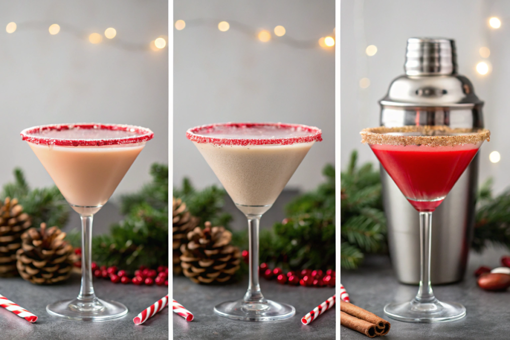 Collage showing steps to make Christmas martinis, from rimming glasses to the final festive presentation