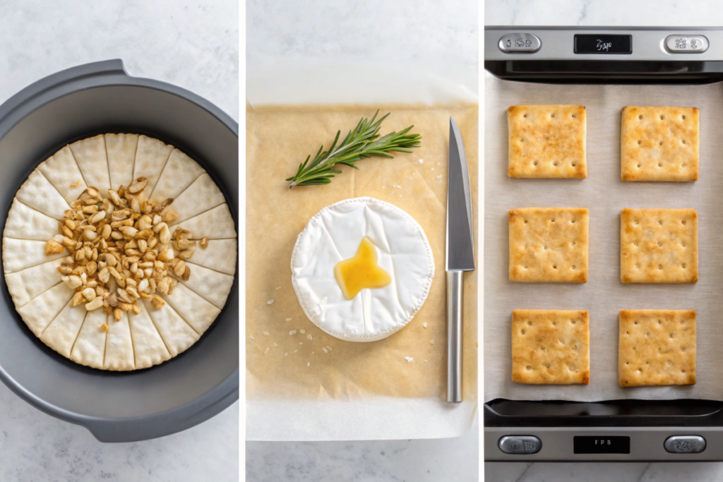 A collage showing steps to make air fryer brie with honey: scoring, drizzling honey, and serving the cooked brie.