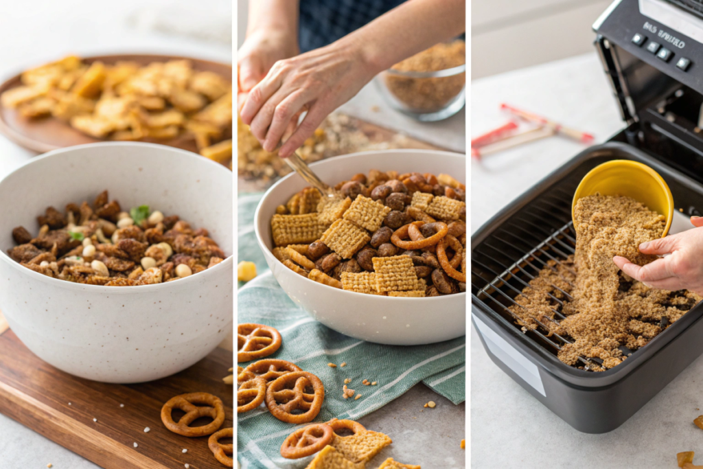 Collage of step-by-step images showing mixing, seasoning, and air-frying Chex Mix to golden perfection.