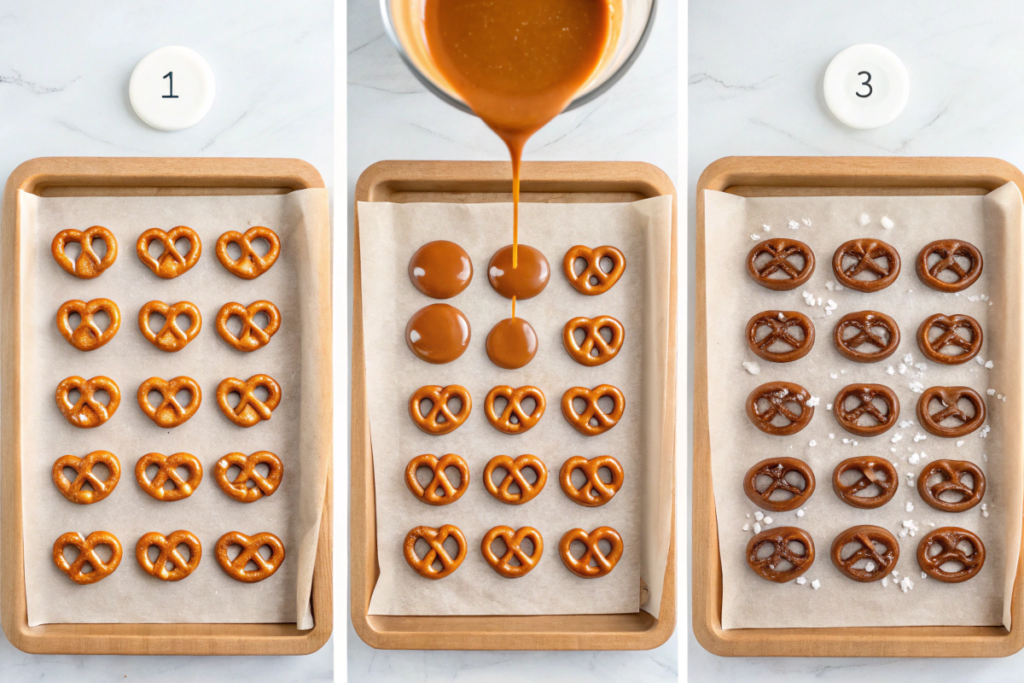 Collage showing the process of making Christmas Crack with pretzels, from layering to decorating