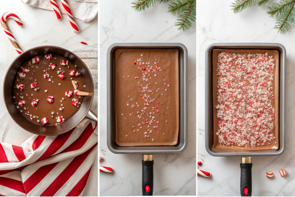 Step-by-step process of making peppermint bark, from melting chocolate to adding sprinkles