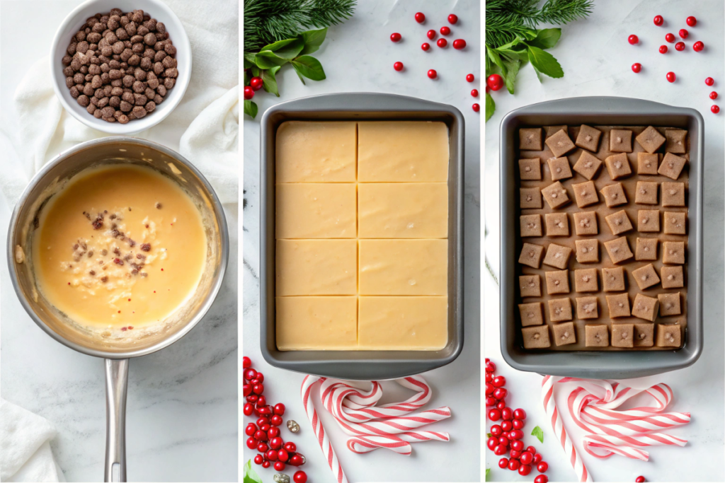 Collage showing steps to make Christmas fudge, from melting chocolate to decorating with festive toppings and slicing the finished product