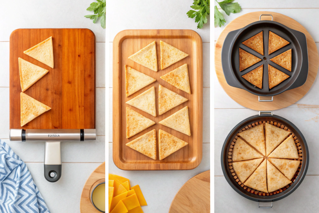 Collage showing steps to make cinnamon sugar tortilla chips in an air fryer, from cutting tortillas to air frying and serving