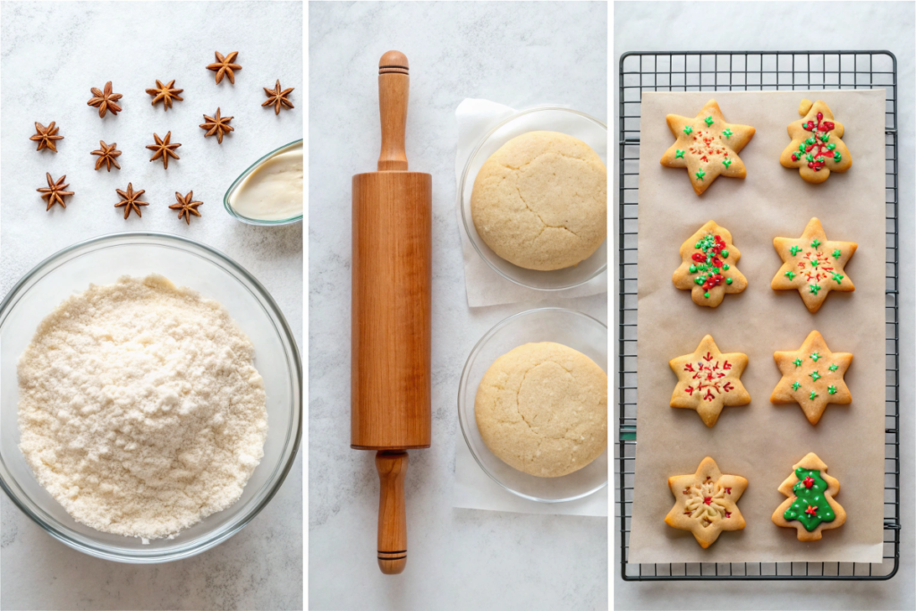 A collage showing the process of making gluten-free Christmas biscuits, from mixing to baking and decorating