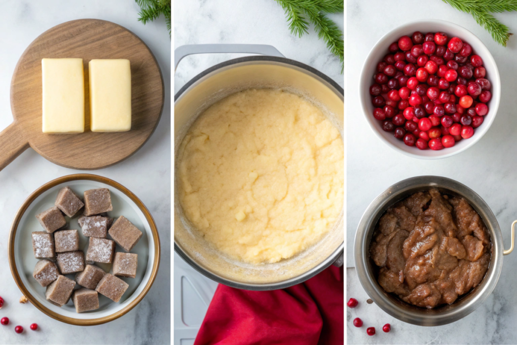 A collage showing steps to make Mary Berry’s Highland recipes: creaming butter for shortbread, searing venison, and garnishing cranachan.