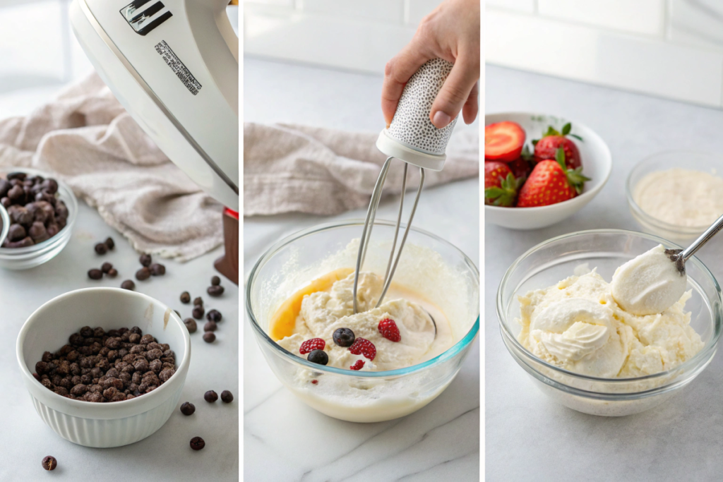 Step-by-step visuals of making no-churn homemade ice cream with cream, sugar, and vanilla