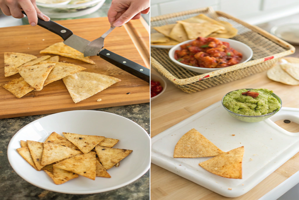 Collage showing the process of making tortilla chips in an air fryer, from cutting to seasoning to serving