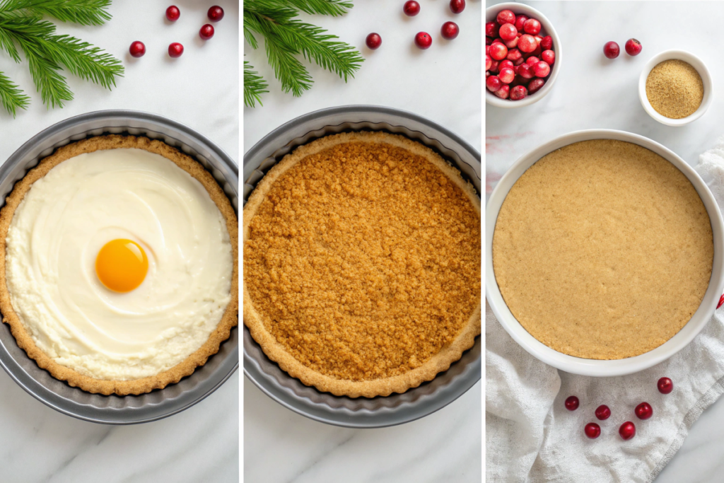 Collage showing steps to make a Christmas cheesecake, from preparing the crust to decorating the finished dessert