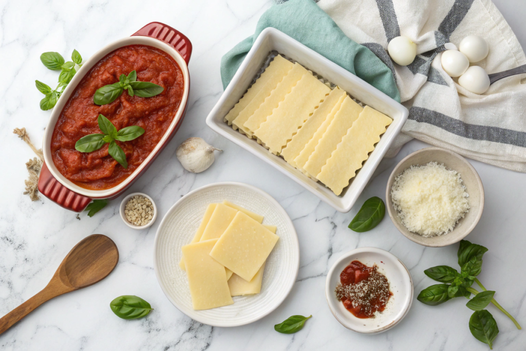 Ingredients for lasagna displayed with a ceramic dish for air frying on a marble countertop.