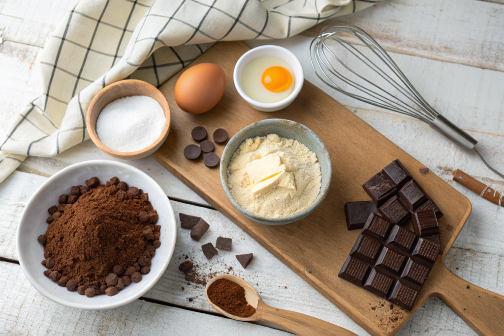 Ingredients for baking chocolate cake, including cocoa powder, eggs, and sugar, on a wooden surface