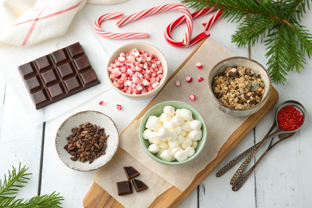 Ingredients for Christmas bark, including chocolate, candy canes, marshmallows, and sprinkles.