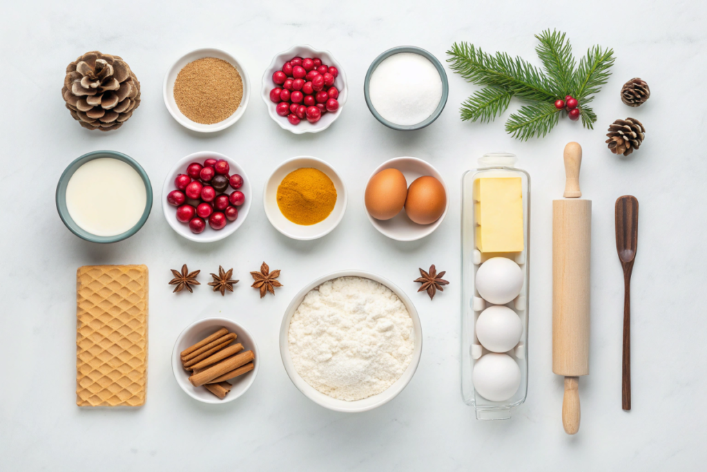 Christmas cheesecake ingredients including cream cheese, eggs, sugar, graham crackers, and spices on a festive kitchen counter