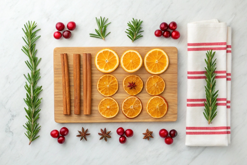 Essential ingredients for a Christmas simmer pot, including oranges, cranberries, cinnamon sticks, and rosemary