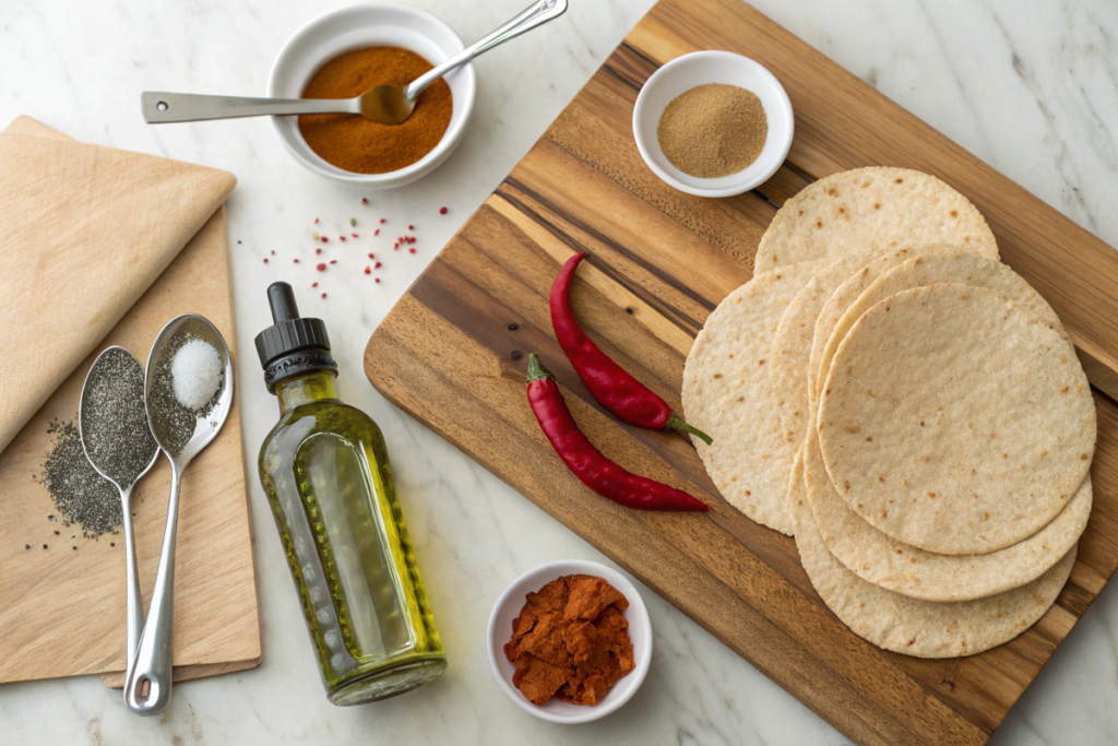 Fresh ingredients for homemade tortilla chips, including tortillas, olive oil spray, and spices, on a wooden board