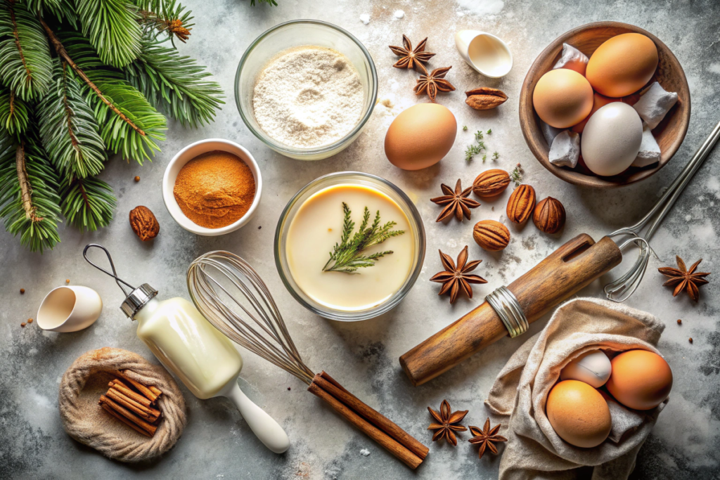 Key ingredients for eggnog, including eggs, milk, cream, cinnamon, nutmeg, and bourbon