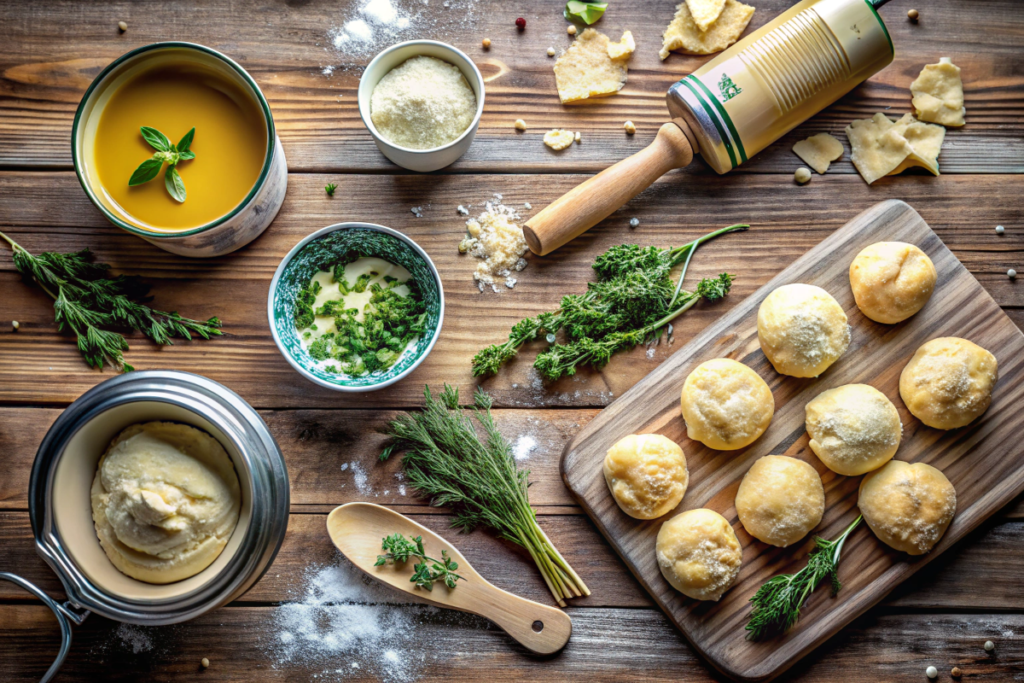 Ingredients for air fryer Pillsbury biscuits, including biscuit dough, butter, and herbs