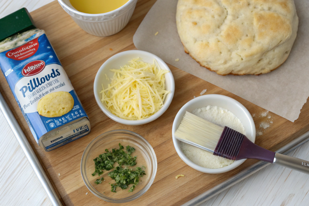 Ingredients for air fryer Pillsbury Grands biscuits, including dough, butter, and optional herbs