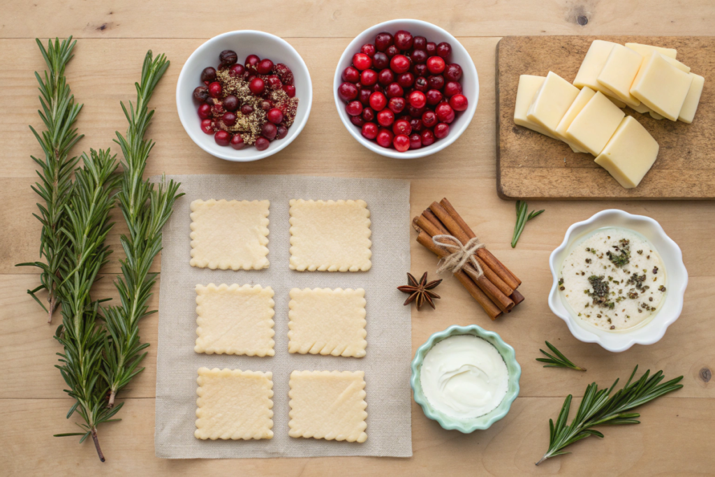 Ingredients for Christmas appetizers and main dishes displayed on a wooden countertop.