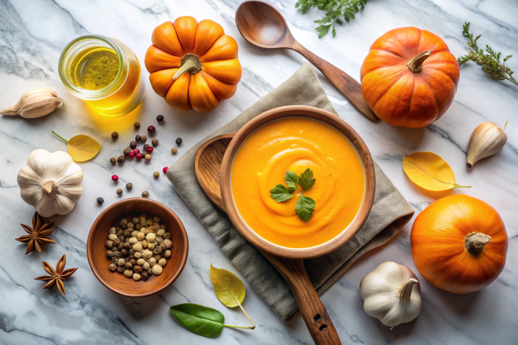 Ingredients for making homemade pumpkin soup, including pumpkin puree, chopped onions, and vegetable broth