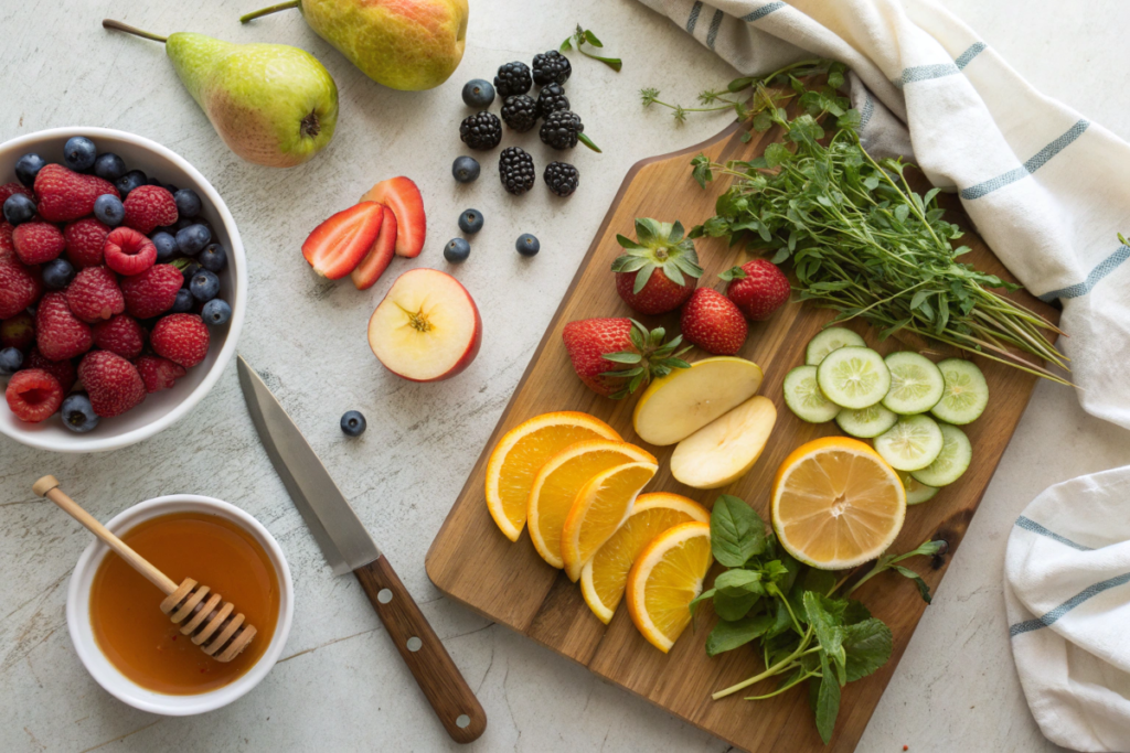 Fresh ingredients for a fruit platter, including berries, citrus, herbs, and honey on a cutting board