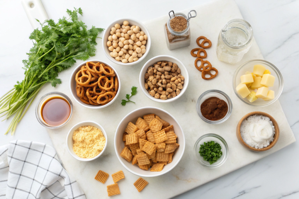 Individual bowls of Chex cereal, pretzels, nuts, bagel chips, and seasonings for Air Fryer Chex Mix on a marble surface.