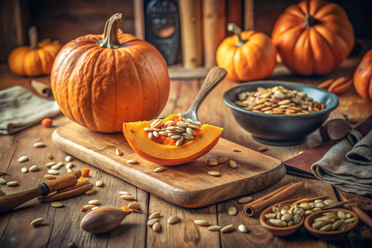 Is Pumpkin a Fruit? A fresh pumpkin cut open on a wooden board, with seeds spilling out, under soft natural lighting