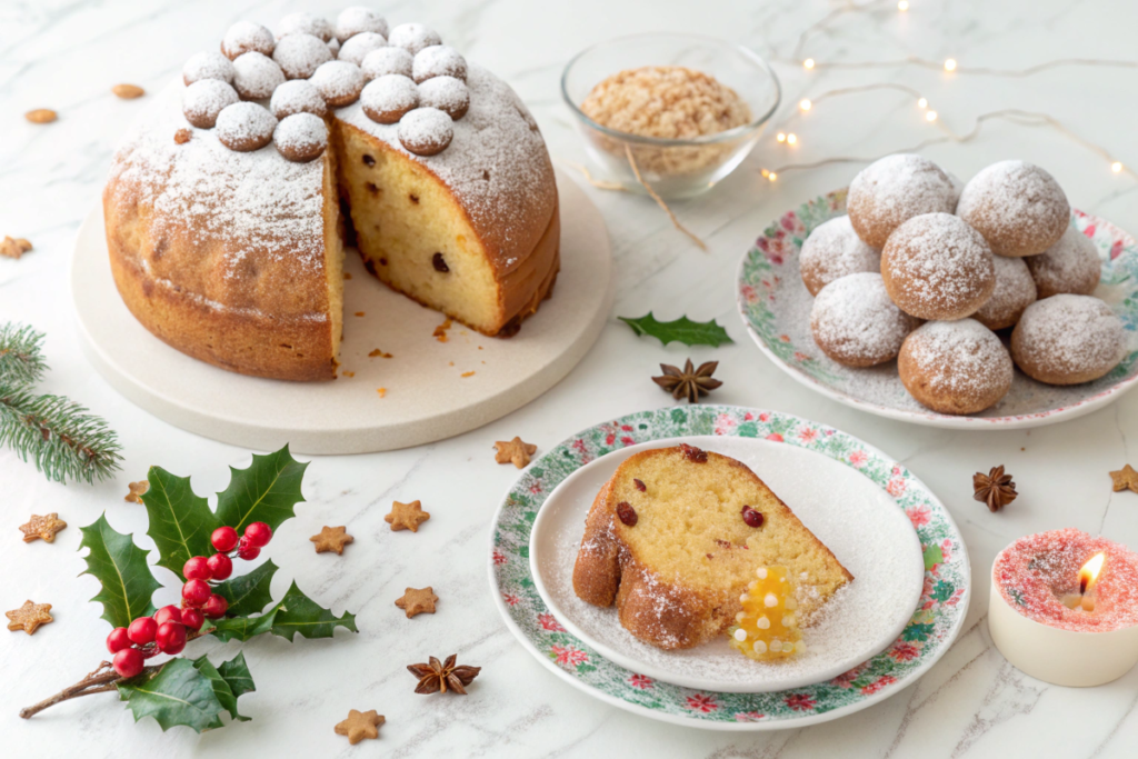 An Italian Christmas dessert table with panettone, pandoro, torrone, ricciarelli, and struffoli.