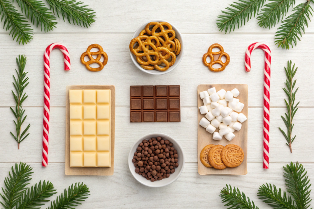 Ingredients for Christmas Crack recipe, including pretzels, chocolate, caramel, and sprinkles