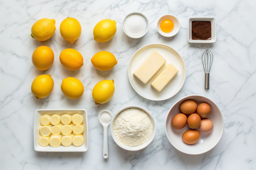 Ingredients for Mary Berry’s lemon drizzle cake: fresh lemons, butter, sugar, eggs, and flour on a marble counter.