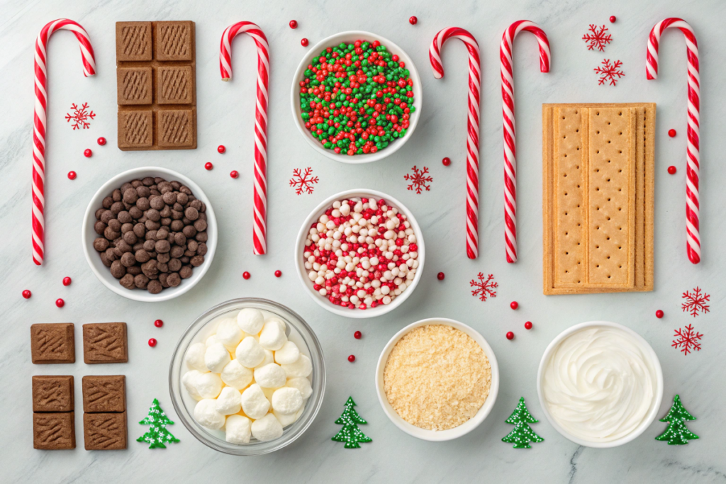 Ingredients for no-bake Christmas desserts, including chocolate chips, candy canes, and whipped cream